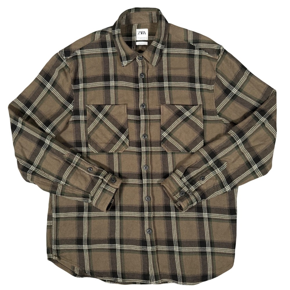 Zara Man Plaid Flannel Shirt Mens Large‎ Brown Relaxed Fit Cotton Button Down